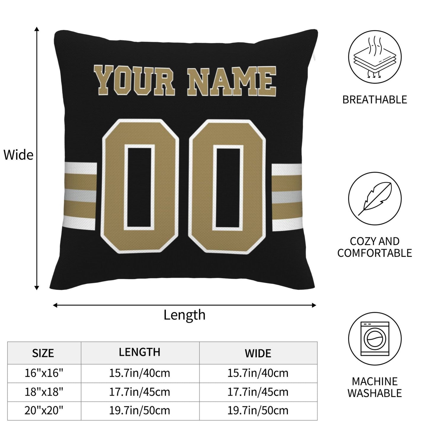 Custom Black New Orleans Saints Decorative Throw Pillow Case - Print Personalized Football Team Fans Name & Number Birthday Gift