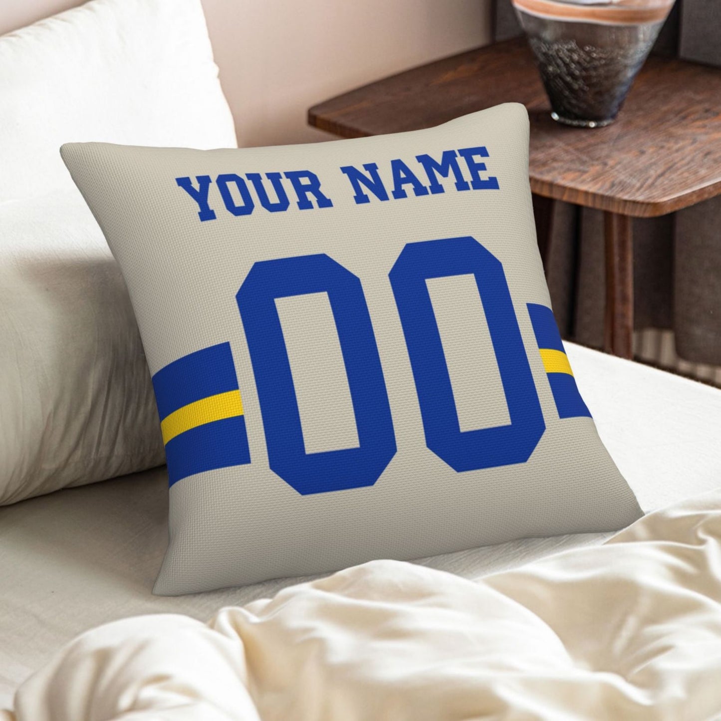 Customized Los Angeles Rams Football Team Decorative Throw Pillow Case Print Personalized Football Style Fans Letters & Number Cream Pillowcase Birthday Gift