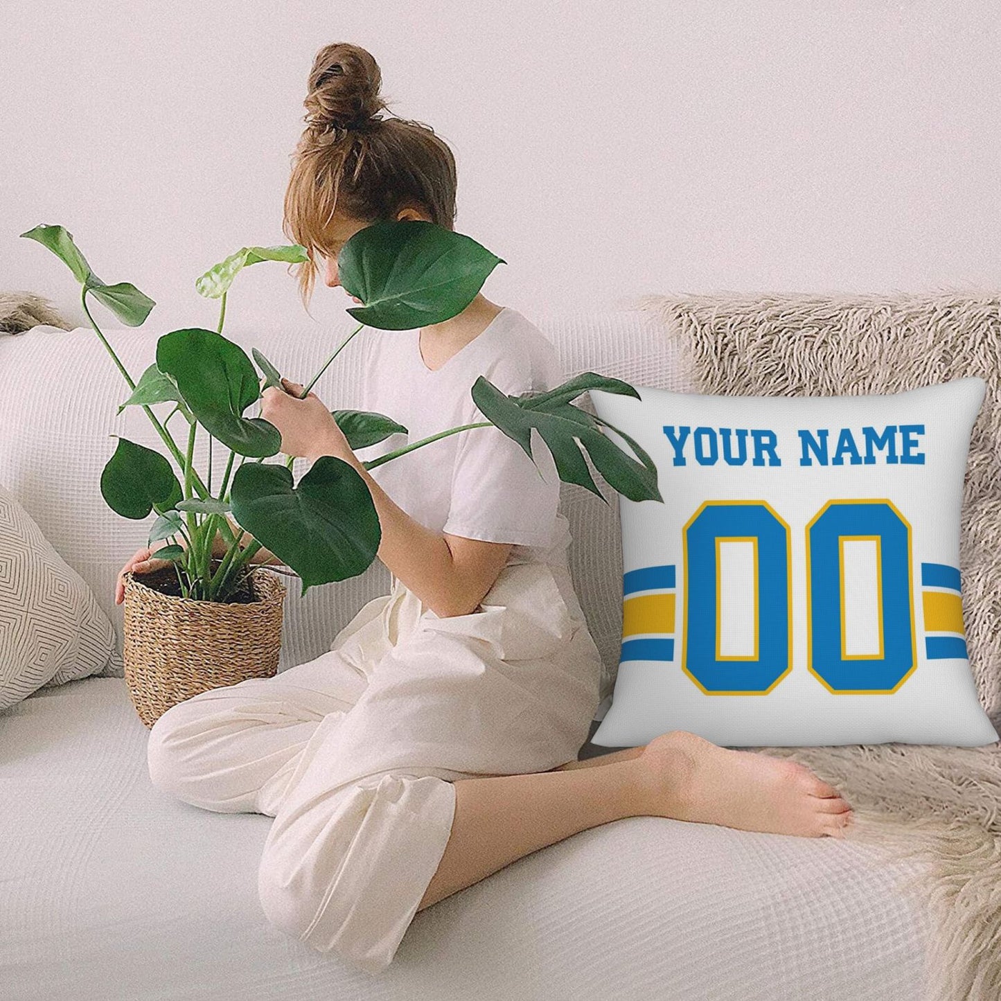 Customized Los Angeles Chargers Football Team Decorative Throw Pillow Case Print Personalized Football Style Fans Letters & Number White Pillowcase Birthday Gift