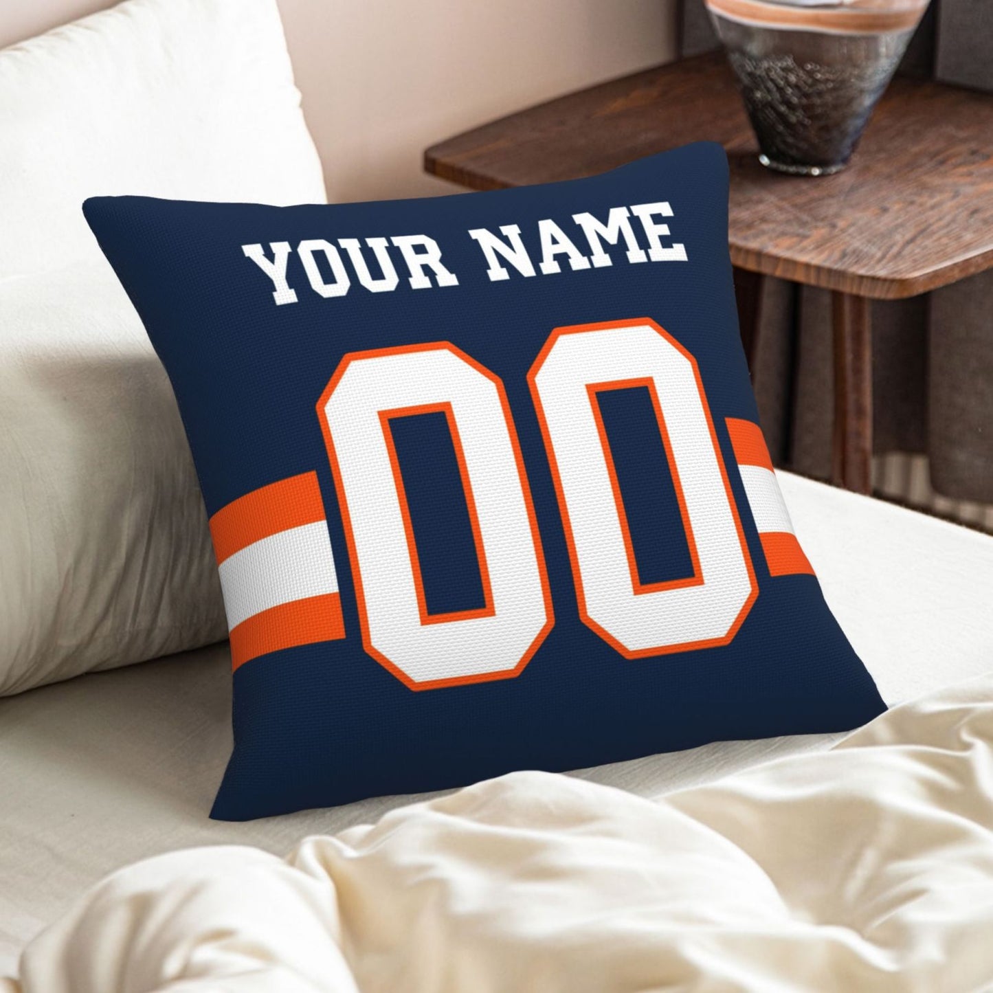 Customized Denver Broncos Football Team Decorative Throw Pillow Case Print Personalized Football Style Fans Letters & Number Navy Pillowcase Birthday Gift