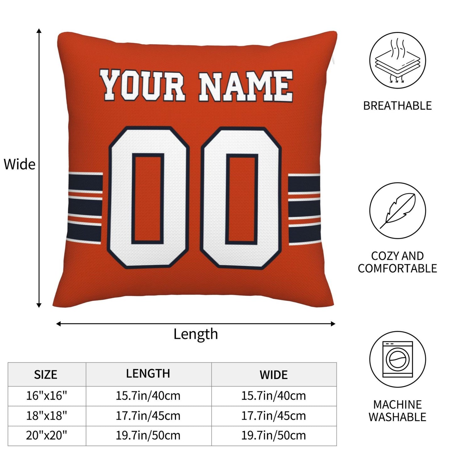 Customized Chicago Bears Letters Decorative Pillows Case Custom Game Pillowcase Name Number Block Print Square Art Deco Orange Throw Pillow