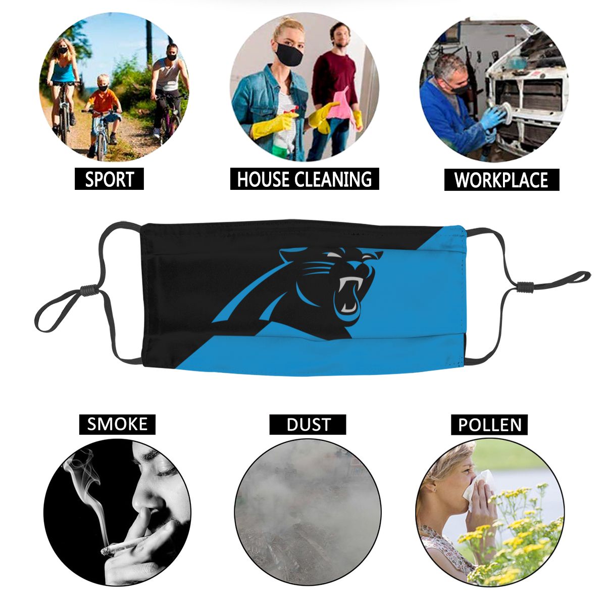 Custom Football Personalized Carolina Panthers Dust Face Mask With Filters PM 2.5