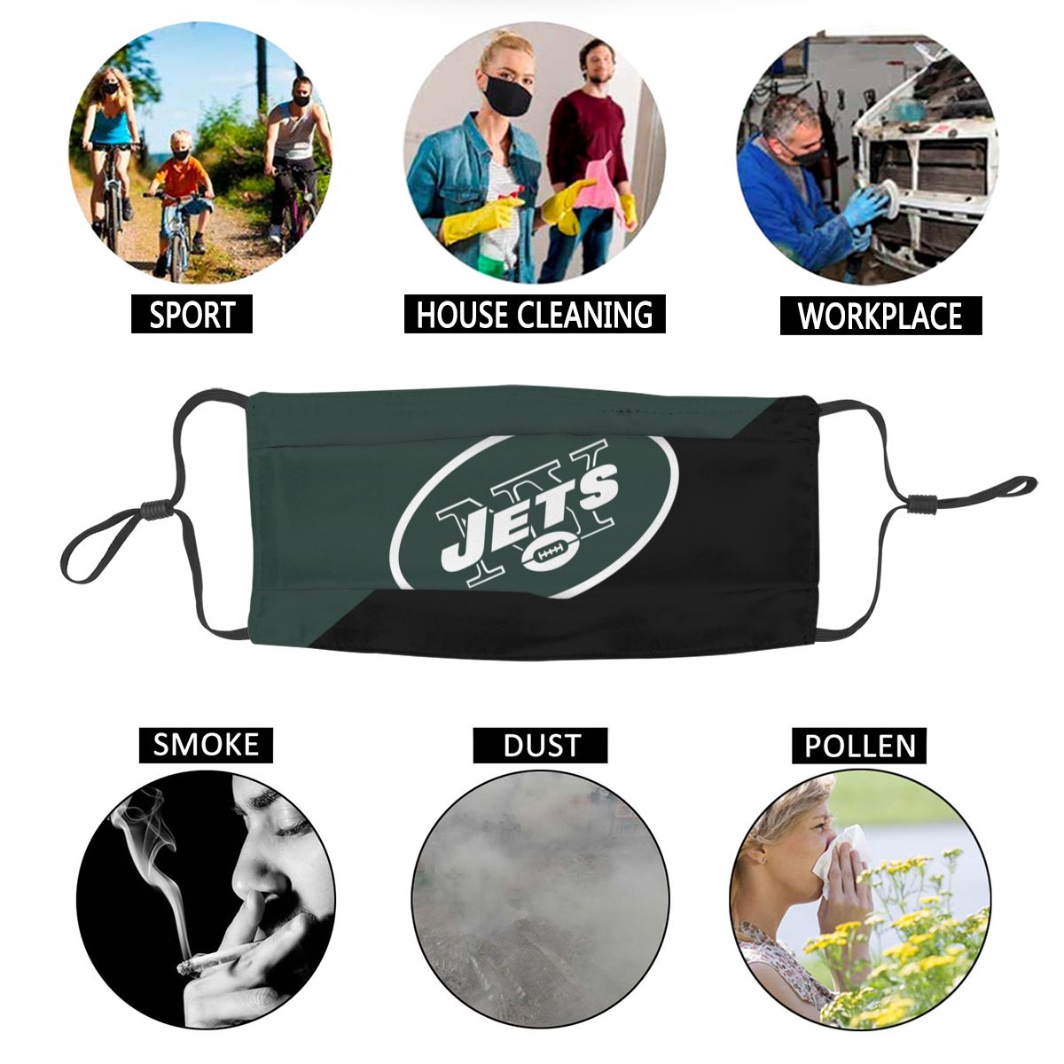 Custom Football Personalized New York Jets Dust Face Mask With Filters PM 2.5