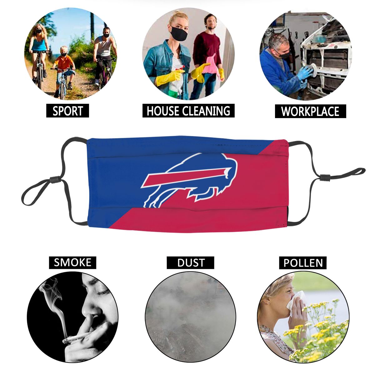 Custom Football Personalized Buffalo Bills Dust Face Mask With Filters PM 2.5