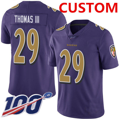 Custom B.Ravens Purple Men's Stitched Limited Rush 100th Season Jersey Stitched American Football Jerseys