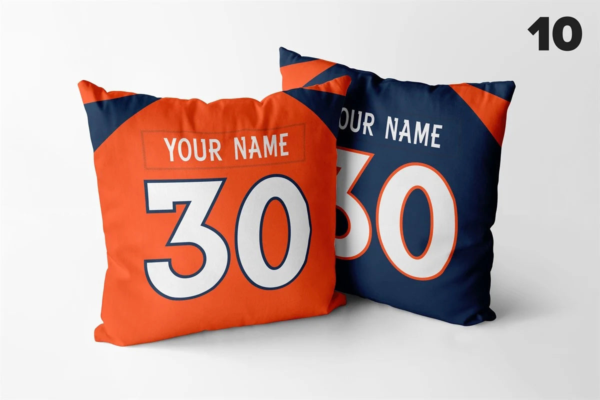 Set of 2 Custom Team Denver Broncos Navy Orange Decorative Throw Pillow Case Print Personalized Football Pillowcase Fans Name & Number Birthday Gift