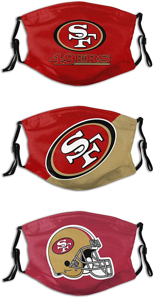 Football Team Face Mask 49ers 3 Packs Washable Reusable Total With 6 Filters Breathable Sports Women Men Face Cover