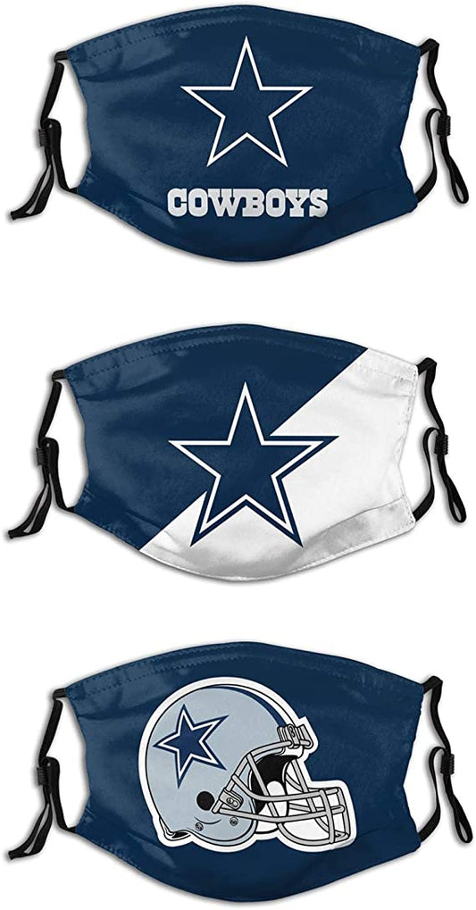 Football Face Mask Cowboys 3 Packs Washable Reusable Total With 6 Filters Breathable Sports Women Men Face Cover