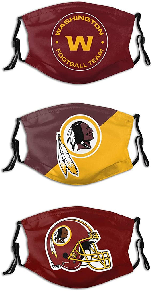 Washington Football Team Face Mask 3 Packs Washable Reusable Total With 6 Filters Breathable Sports Women Men Face Cover