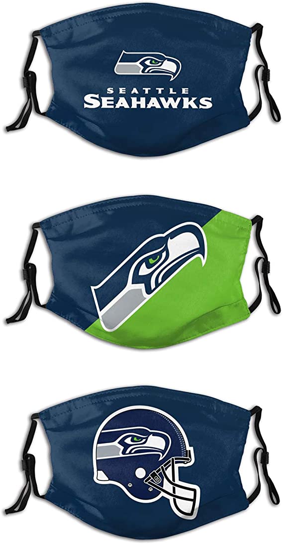 Football Team Face Mask Seahawks 3 Packs Washable Reusable Total With 6 Filters Breathable Sports Women Men Face Cover