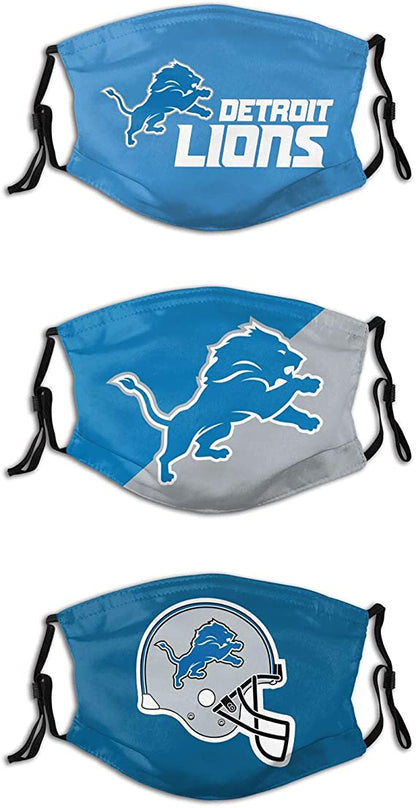 Football Face Mask Lions 3 Packs Washable Reusable Total With 6 Filters Breathable Sports Women Men Face Cover