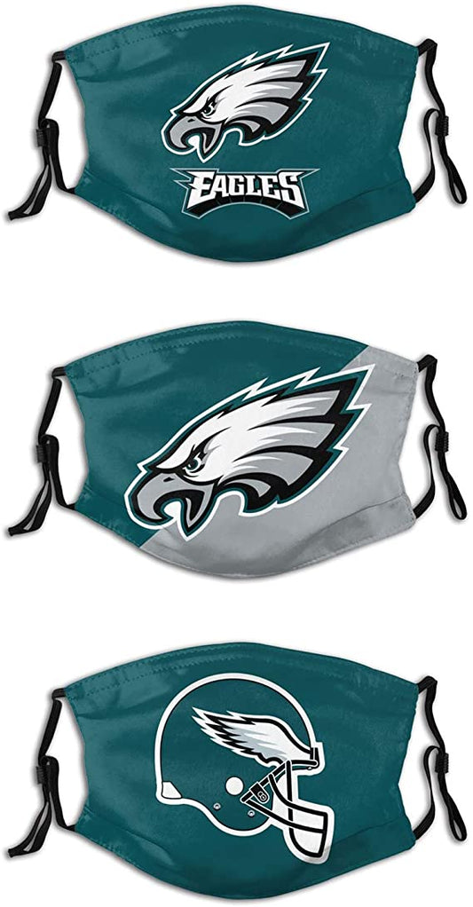 Football Team Face Mask Eagles 3 Packs Washable Reusable Total With 6 Filters Breathable Sports Women Men Face Cover