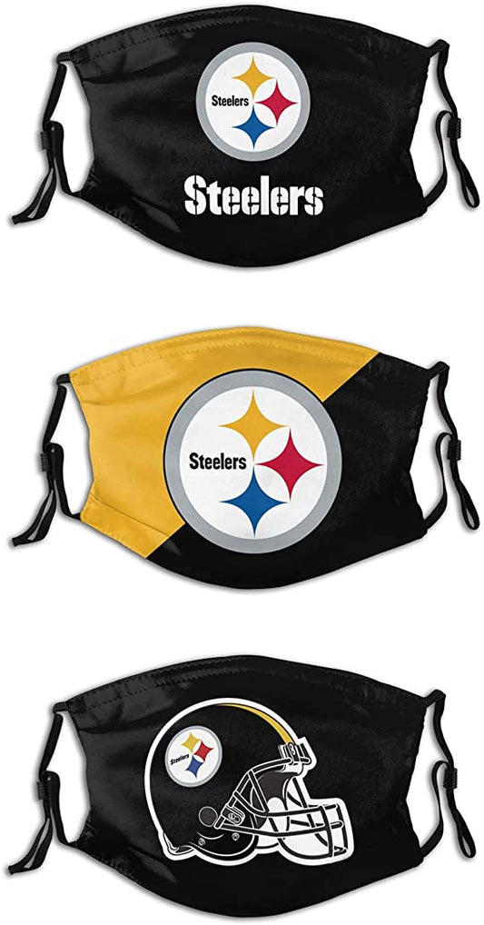 Football Team Face Mask Steelers 3 Packs Washable Reusable Total With 6 Filters Breathable Sports Women Men Face Cover