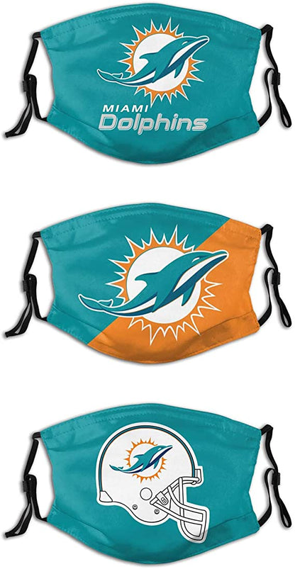 Football Face Mask Dolphins 3 Packs Washable Reusable Total With 6 Filters Breathable Sports Women Men Face Cover