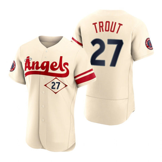 Men Baseball Los Angeles Angels #27 Mike Trout Cream Stitched 2022 City Connect Jersey
