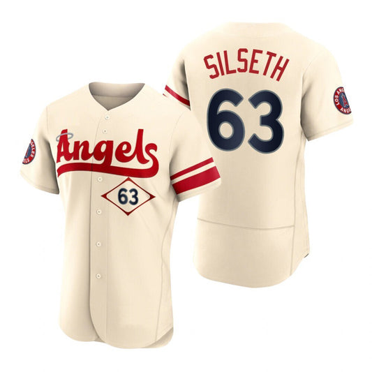 Men Baseball Los Angeles Angels #63 Chase Silseth Cream Stitched 2022 City Connect Jersey