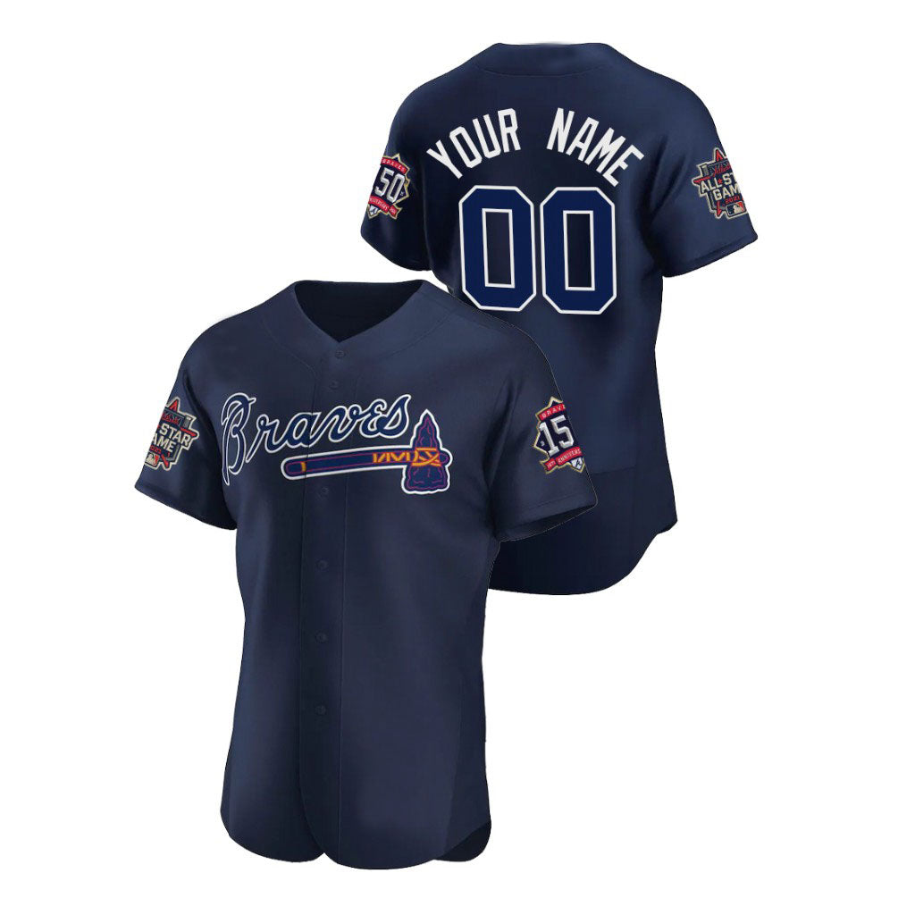 Mens Custom Atlanta Braves Stitched Navy Baseball Jersey Game Patch 2021 All Star 150th