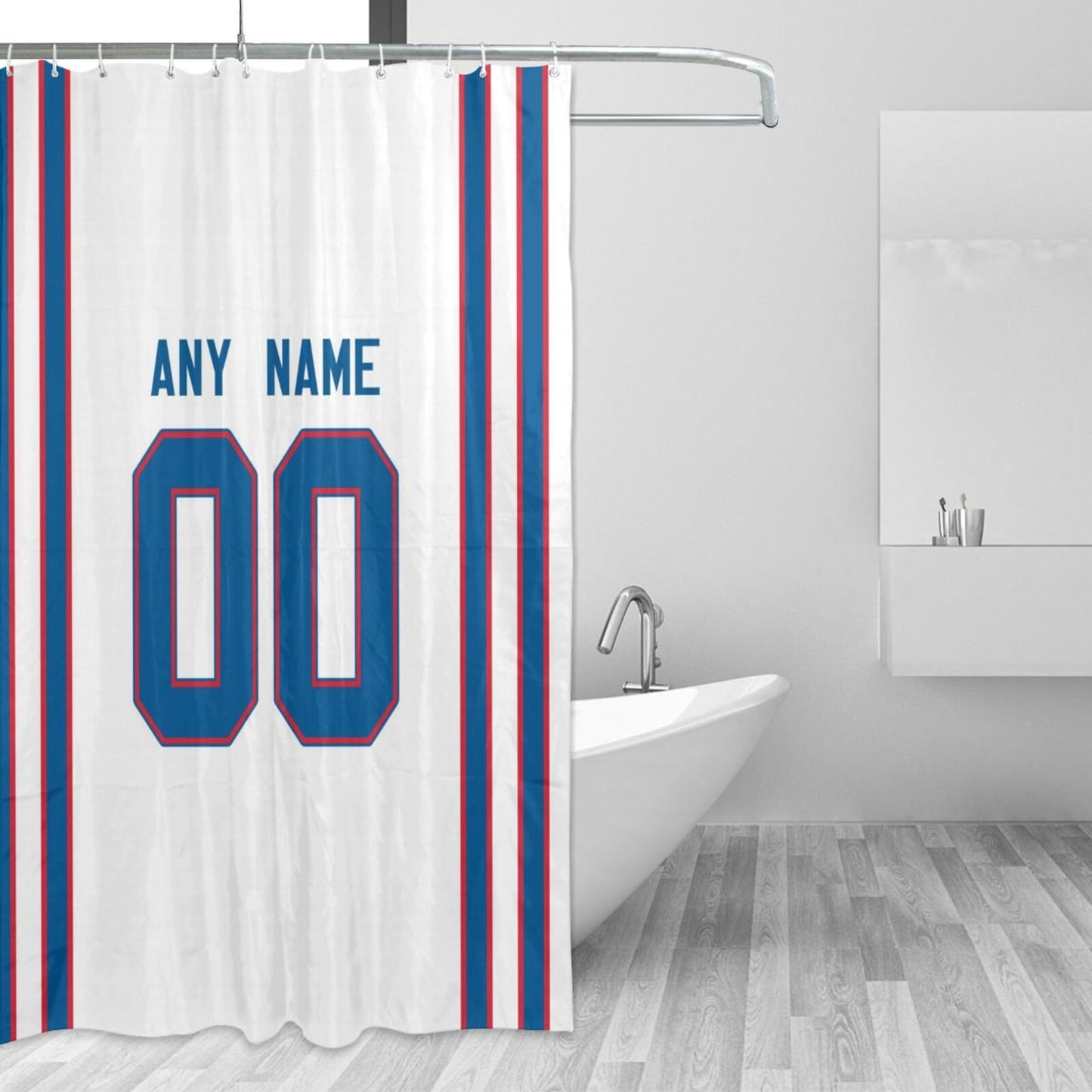 Custom Football Buffalo Bills style personalized shower curtain custom design name and number set of 12 shower curtain hooks Rings