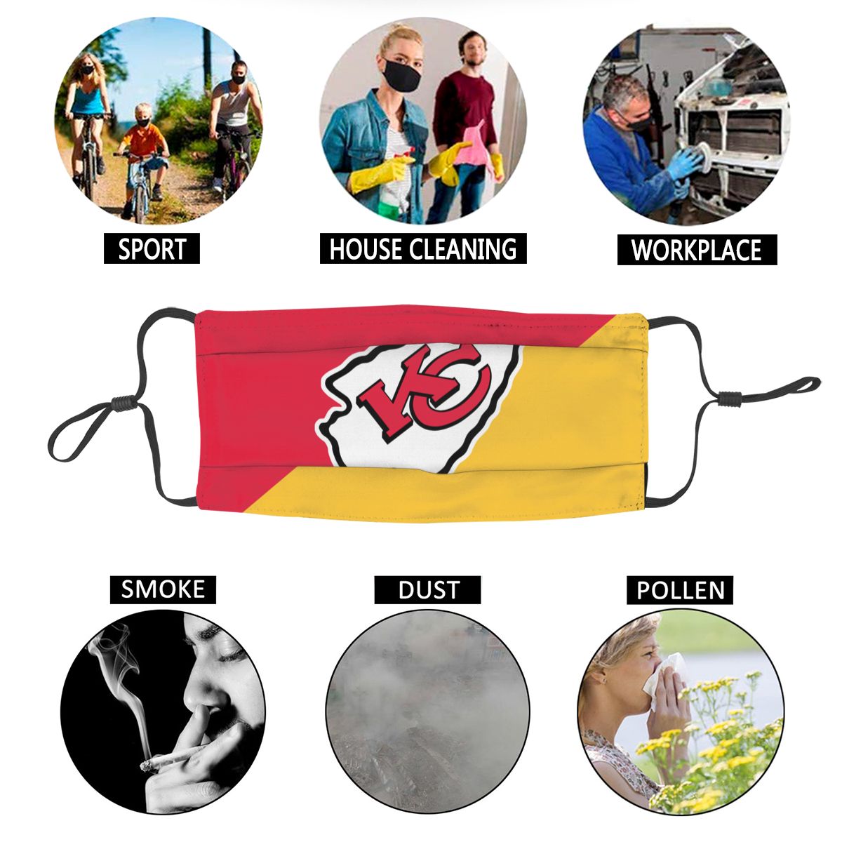 Custom Football Personalized Kansas City Chiefs Dust Face Mask With Filters PM 2.5