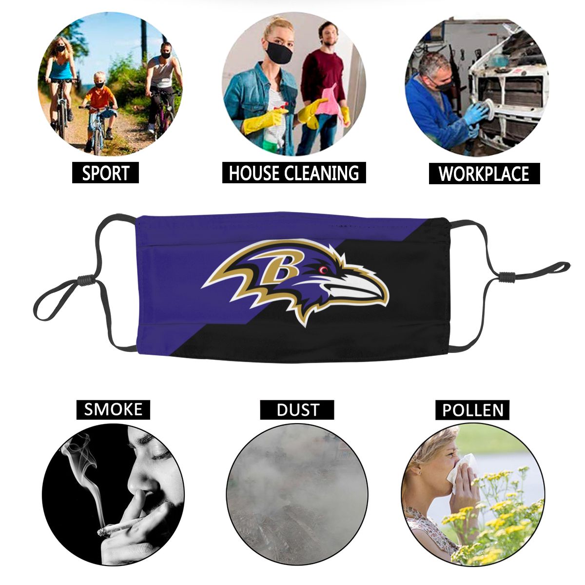 Custom Football Personalized Baltimore Ravens Dust Face Mask With Filters PM 2.5