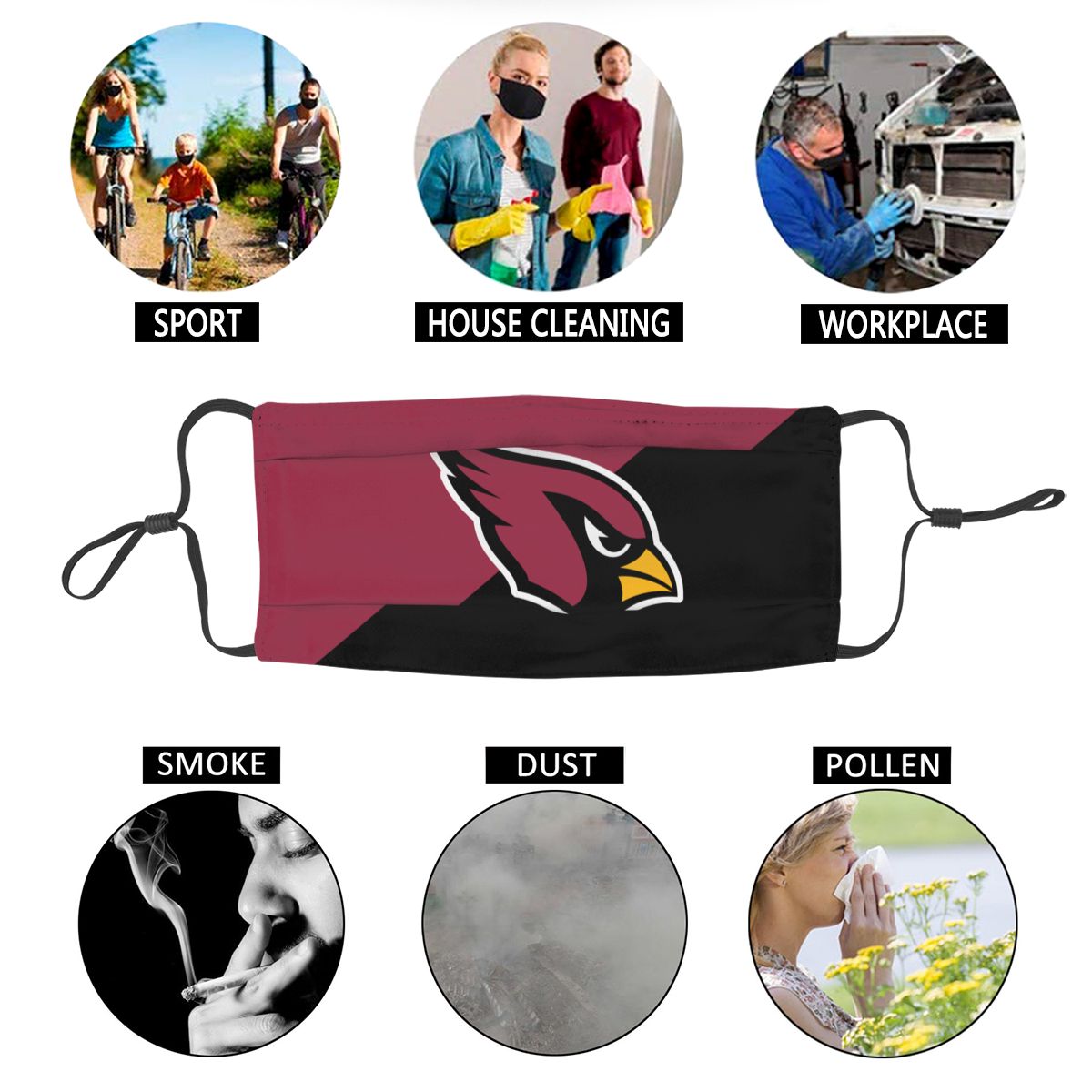 Custom Football Personalized Arizona Cardinals Dust Face Mask With Filters PM 2.5