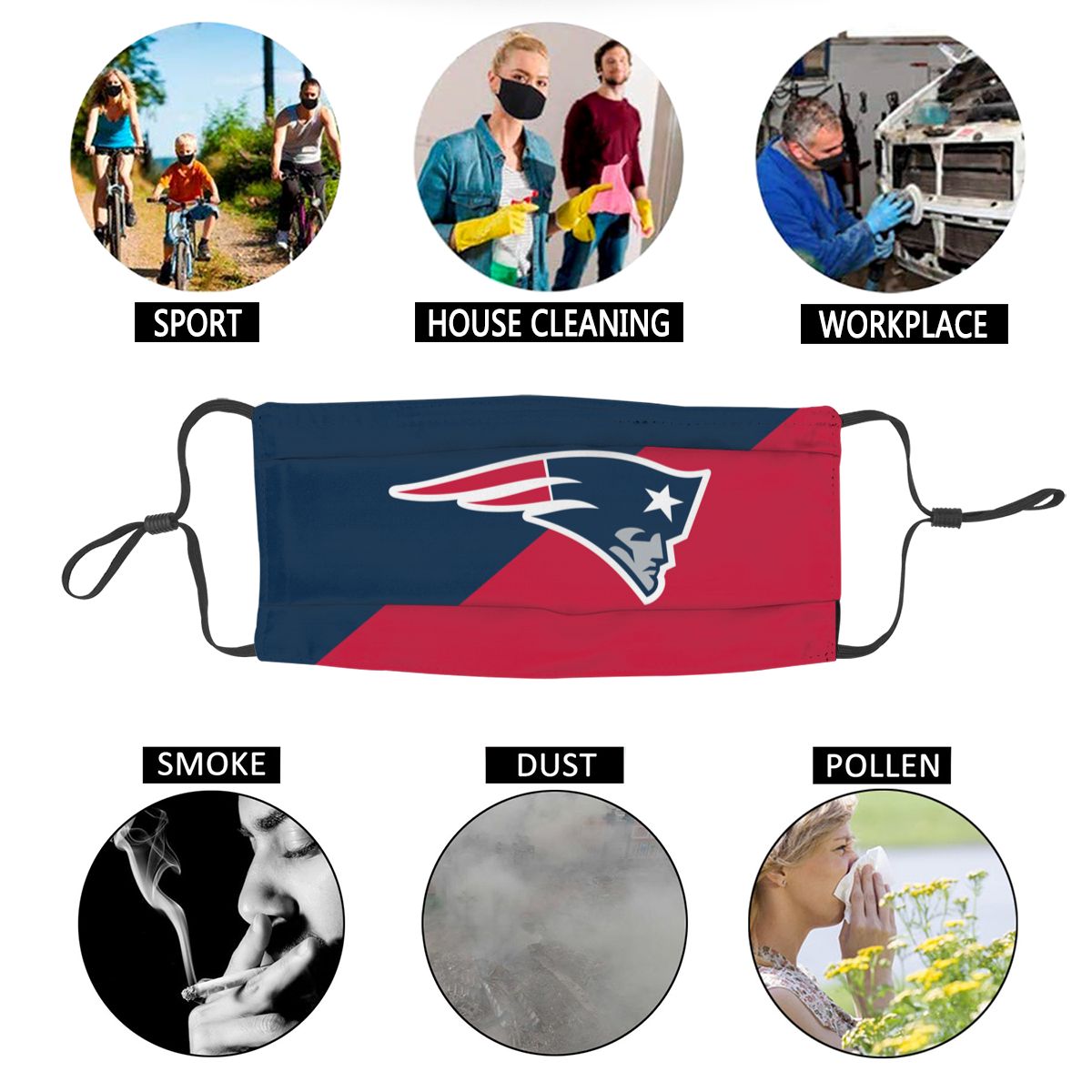 Custom Football Personalized New England Patriots Dust Face Mask With Filters PM 2.5