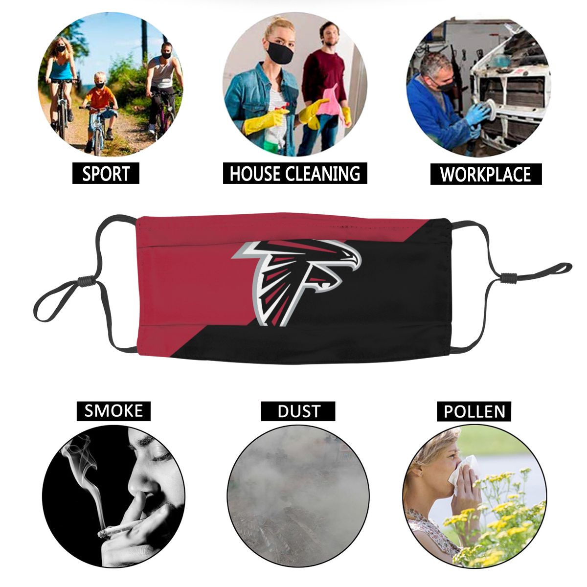 Custom Football Personalized Atlanta Falcons Dust Face Mask With Filters PM 2.5