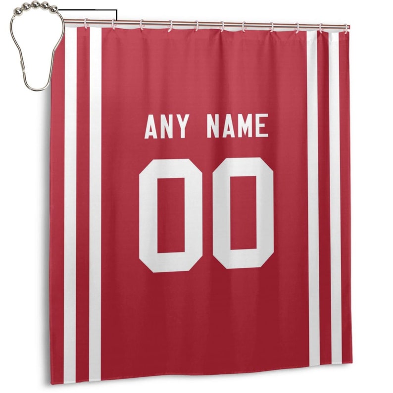 Custom Football San Francisco 49ers style personalized shower curtain custom design name and number set of 12 shower curtain hooks Rings